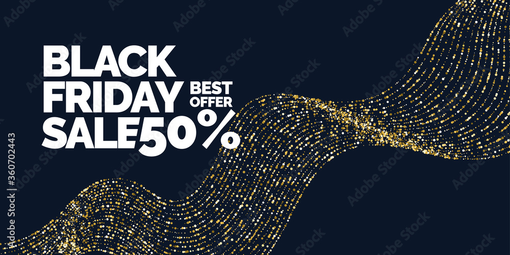 Naklejka premium Black Friday sale banner with gold glitter. Original poster for discount. Bright abstract background with text.