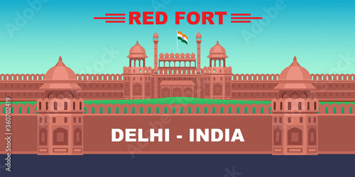 Red Fort in New Dehli, India. Happy Indian Republic day, Indian Independence Day concept, celebration Illustration, poster, banner background. World countries cities vacation travel sightseeing