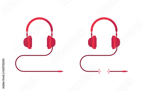 Headphones with a wire. Set of icons for support services, mobile communications. Cut, torn cable. Headphones on a head without a person. Listen to music, talk through earphones. Red. Eps 10 