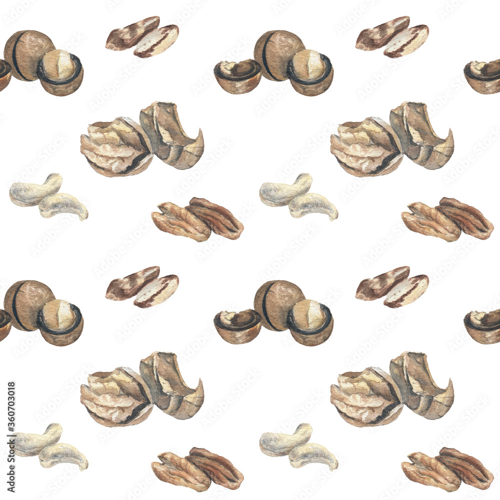 Seamless pattern with nuts (pecan, cashew, walnut, macadamia, Brazil nut) on a white isolated background. Watercolor illustration. Organic and nature friendly design. Seamless pattern with nuts (pecan, cashew, walnut, macadamia, Brazil nut) on a white isolated background. Watercolor illustration. Organic and nature friendly design.