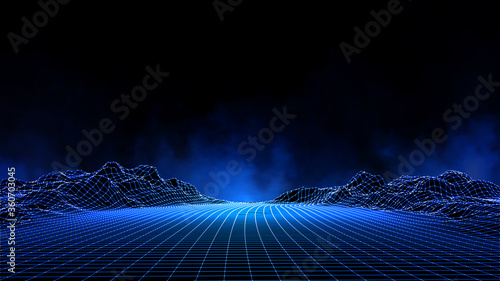 Abstract digital landscape with particles dots and stars on horizon. Wireframe landscape background. Big Data. 3d futuristic vector illustration. 80s Retro Sci-Fi Background