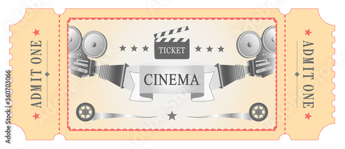 Vector illustration. Retro vintage movie ticket in red, white, black colors. Poster, template.