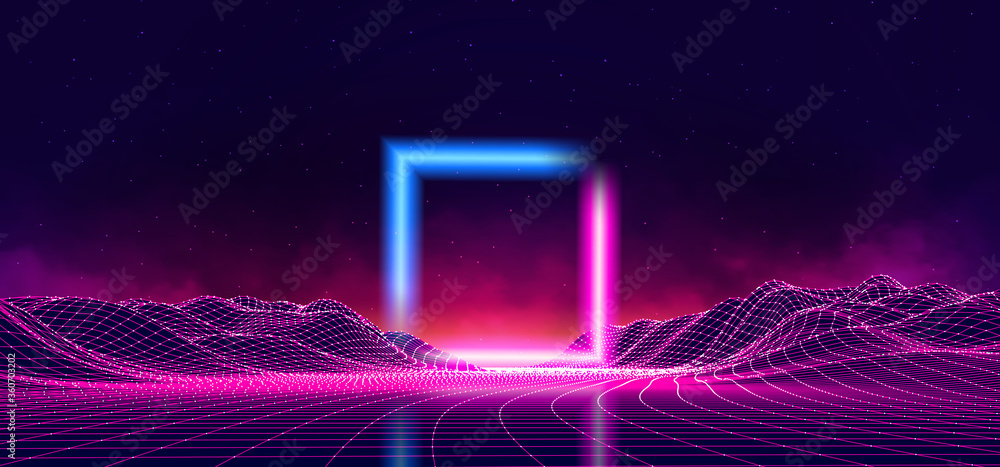 Abstract digital landscape with particles dots and stars on horizon. Wireframe landscape background. Big Data. 3d futuristic vector illustration. 80s Retro Sci-Fi Background - obrazy, fototapety, plakaty 