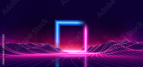 Abstract digital landscape with particles dots and stars on horizon. Wireframe landscape background. Big Data. 3d futuristic vector illustration. 80s Retro Sci-Fi Background photo