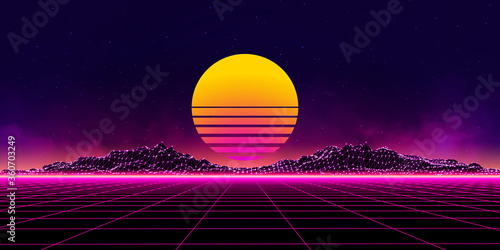 Abstract digital landscape with particles dots and stars on horizon. Wireframe landscape background. Big Data. 3d futuristic vector illustration. 80s Retro Sci-Fi Background