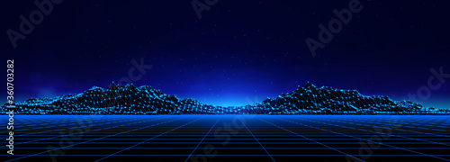 Abstract digital landscape with particles dots and stars on horizon. Wireframe landscape background. Big Data. 3d futuristic vector illustration. 80s Retro Sci-Fi Background