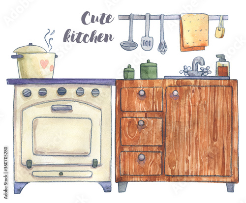 Kitchen stove cabinet washing cooking drawing illustration children watercolor pencil isolated set pan saucepan cute style