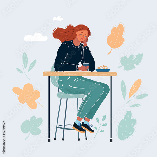 Vector illustration of Sad girl in cafe. Glass in her hands. Alone and lonely concept.