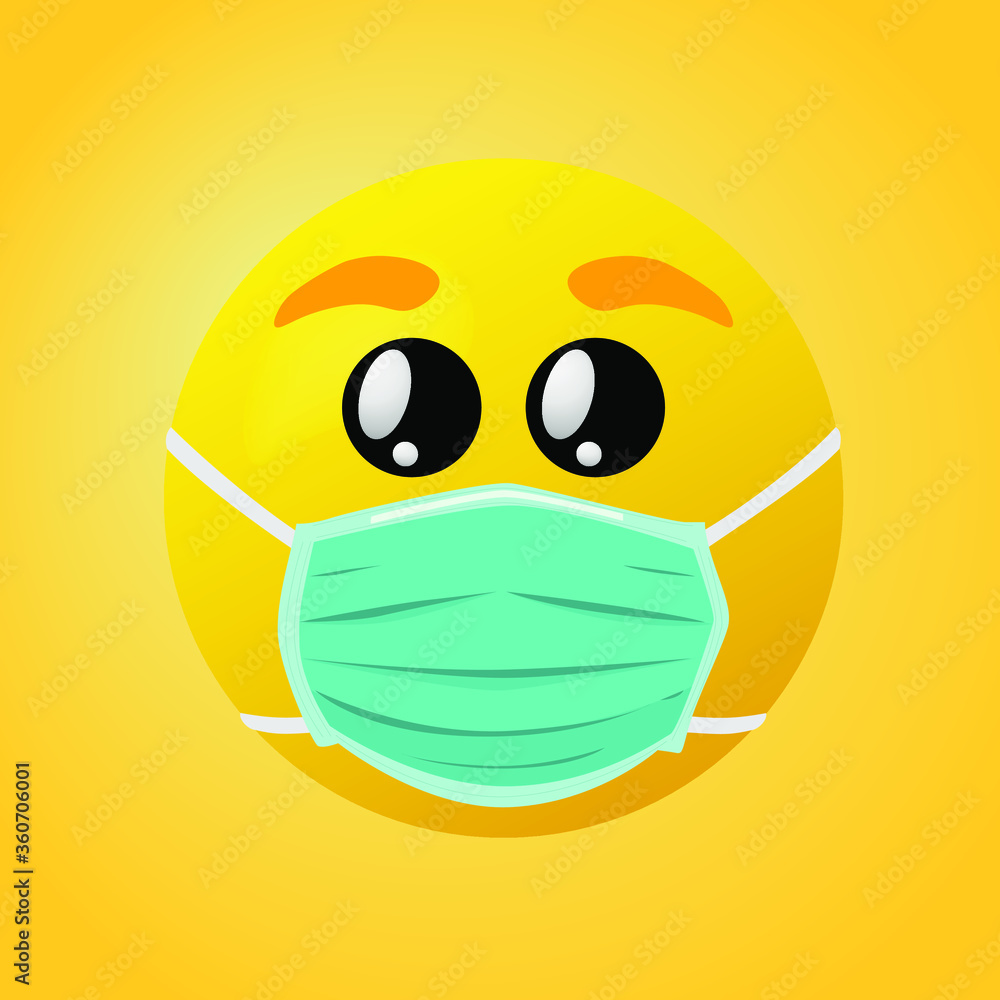 Emoticon with mouth mask - yellow face with eyes wearing a white surgical mask