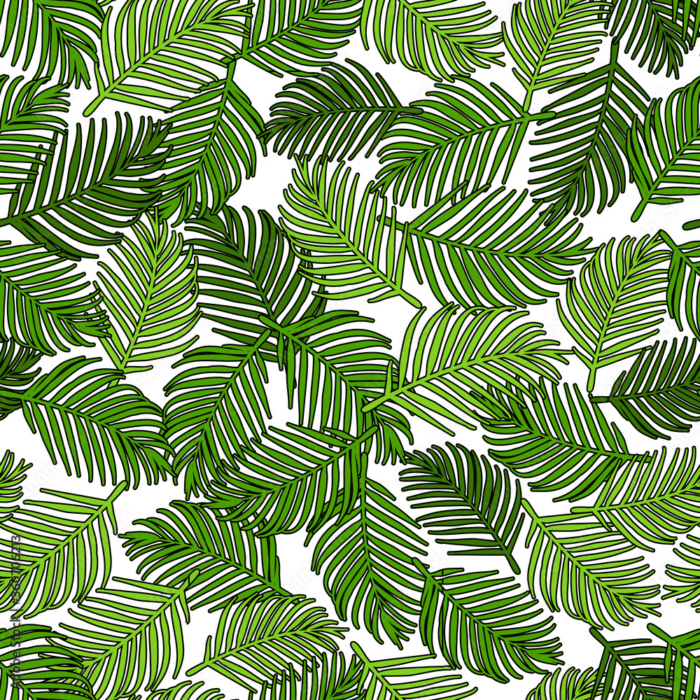 Palm leaves, green black outline, over white background, interlaced.