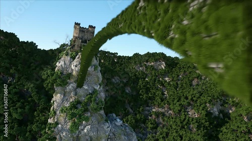 Old fantsay castle on a high cliff, rock. Aerial view. fabulous landscape photo