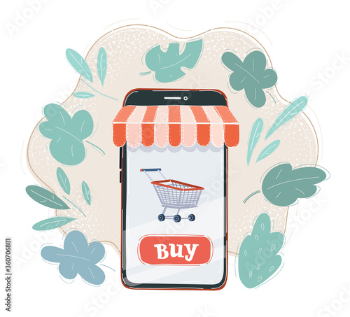 Vector illustration of modern mobile phone with online shopping application