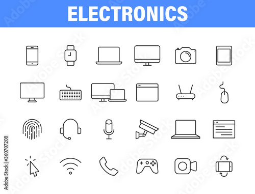 Set of 24 Electronics web icons in line style. Device, phone, laptop, communication, smartphone, ecommerce. Vector illustration.