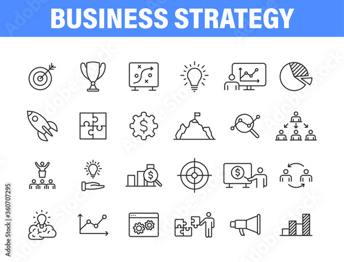 Set of 24 Business strategy web icons in line style. Startup, investment, financial, development, marketing, idea. Vector illustration.