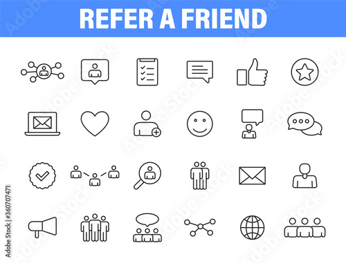 Set of 24 Refer a friend icons in line style. Referral program, marketing, invite friends. Vector illustration.