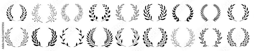 Set of black circular foliate laurels branches. Vintage laurel wreaths collection. Hand drawn vector laurel leaves decorative elements. Leaves, swirls, ornate, award, icon. Vector illustration.