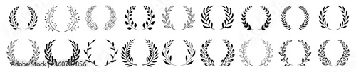 Set of black circular foliate laurels branches. Vintage laurel wreaths collection. Hand drawn vector laurel leaves decorative elements. Leaves, swirls, ornate, award, icon. Vector illustration.