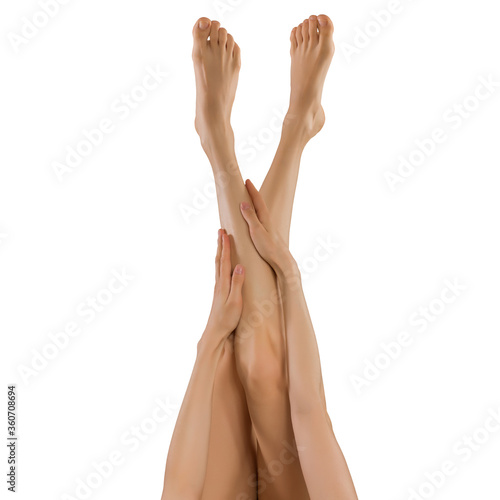 A young girl touching her silky skin on her legs after depilation
