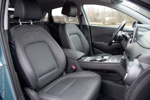 Hyundai Kona EV, electric car. Interior - front seats.