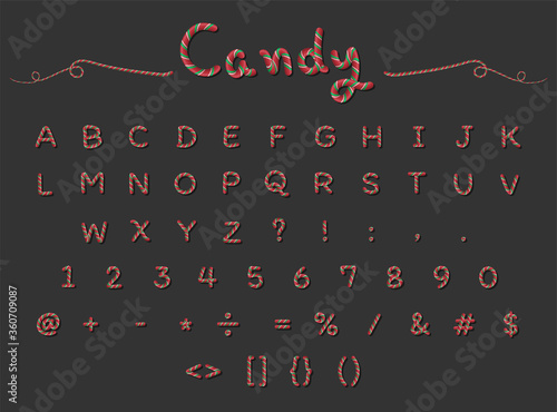 Candy Cane alphabet capital letter font design with red , green and white stripes