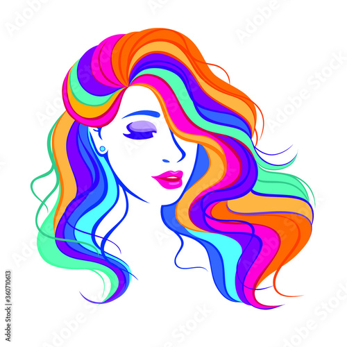 Vector illustration with beauty fashion model girl with colorful long dyed hair. Portrait of a beautiful woman with colouring rainbow hair, curly long haircut, salon icon