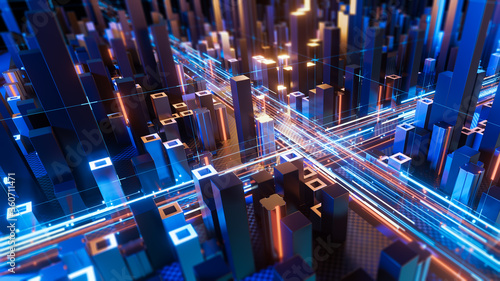 Connecting and moving big data in a digital city. 3d rendering.