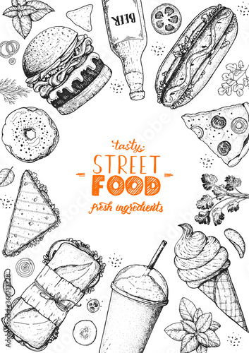 Fast food sketch collection. Vector illustration. Junk food set. Engraved style illustration. Fast food top view frame