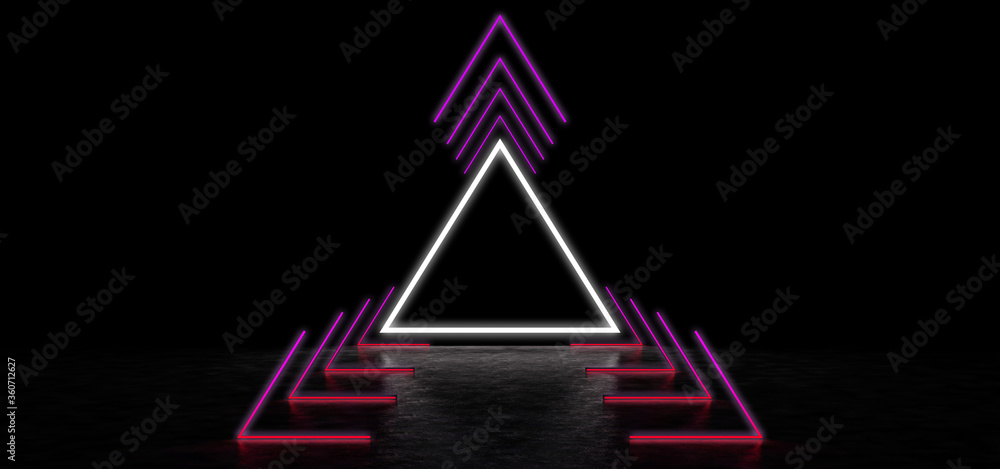 An abstract portal of luminous lines and a triangle in a dark space with beautiful reflections on the floor. Glowing pyramid shaped portal. 3D Render
