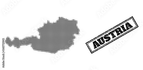 Halftone map of Austria, and scratched seal. Halftone map of Austria designed with small black circle items. Vector seal with scratched style, double framed rectangle, in black color.