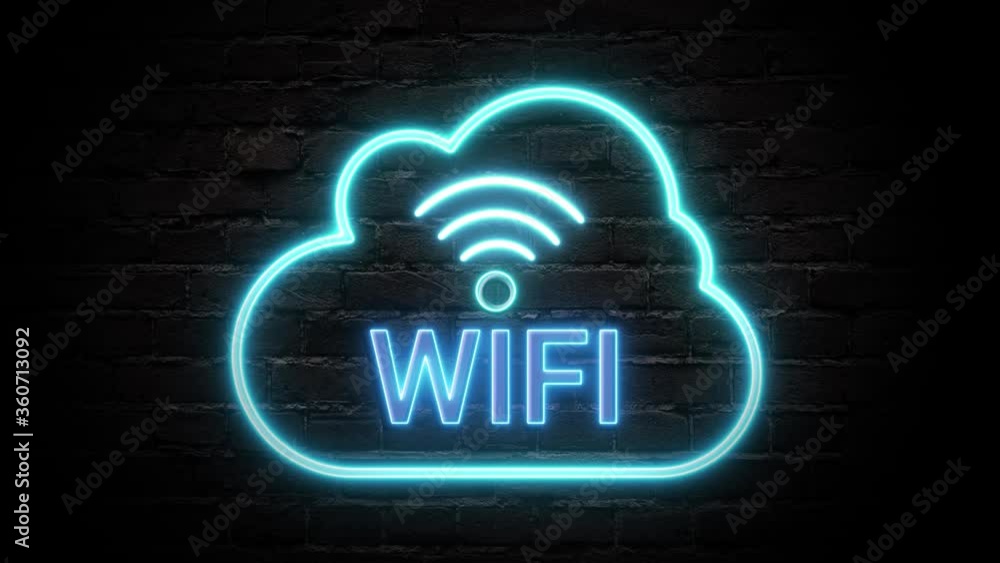 Animation blue neon wifi sign light in the cloud on a brick wall background. Animation blue neon wifi sign light in the cloud on a brick wall background.