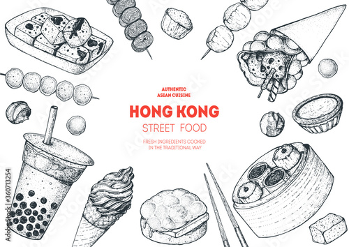 Hong kong street food frame. Chinese food menu design template. Engraved style illustration. Asian street food sketch. Vintage hand drawn sketch, vector illustration.