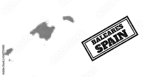 Halftone map of Baleares Province, and textured watermark. Halftone map of Baleares Province designed with small black round pixels. Vector watermark with unclean style, double framed rectangle, photo