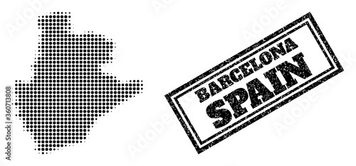 Halftone map of Barcelona Province, and textured watermark. Halftone map of Barcelona Province made with small black circle points. Vector watermark with scratched style, double framed rectangle,