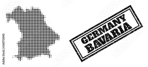 Halftone map of Bavaria State, and dirty watermark. Halftone map of Bavaria State designed with small black round dots. Vector watermark with retro style, double framed rectangle, in black color.