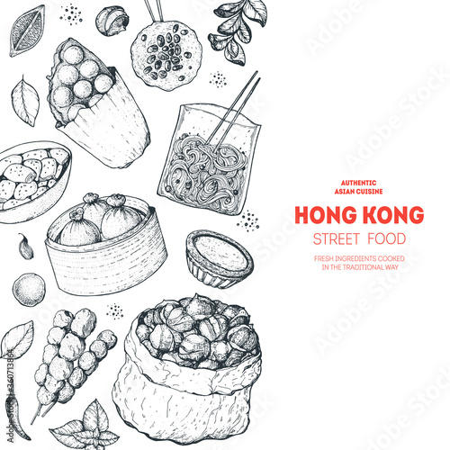 Hong kong street food. Chinese food menu design template. Vintage hand drawn sketch, vector illustration. Engraved style illustration. Asian street food sketch.