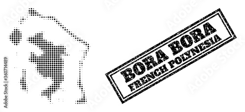 Halftone map of Bora-Bora, and grunge seal. Halftone map of Bora-Bora made with small black circle dots. Vector watermark with grunge style, double framed rectangle, in black color.