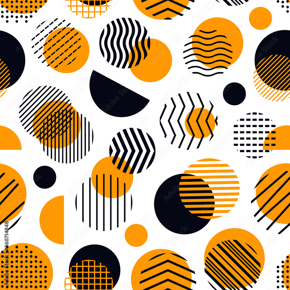 Circle, polka dot seamless pattern. Mixed texture irregular chaotic shapes print. Memphis stile geometric background