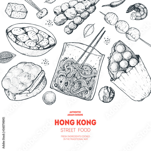 Hong kong street food frame. Chinese food menu design template. Engraved style illustration. Asian street food sketch. Vintage hand drawn sketch, vector illustration.