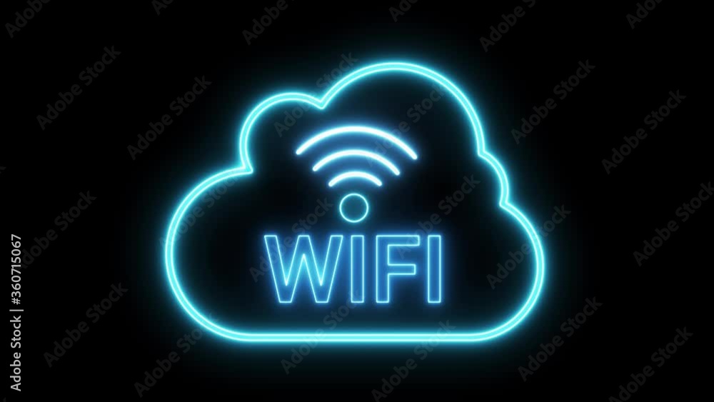 Animation blue neon wifi sign light in the cloud at black background. Animation blue neon wifi sign light in the cloud at black background.