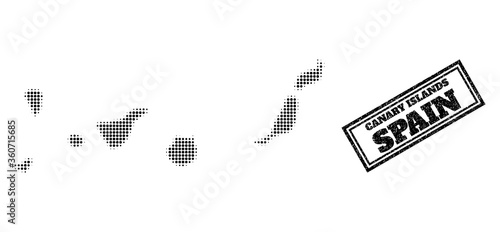 Halftone map of Canary Islands, and rubber stamp. Halftone map of Canary Islands designed with small black spheric items. Vector seal with corroded style, double framed rectangle, in black color.