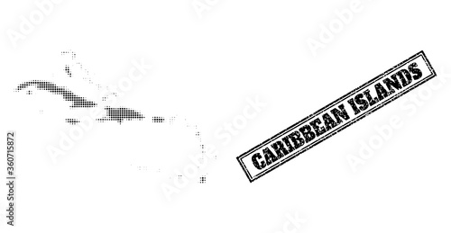 Halftone map of Caribbean Islands, and unclean seal stamp. Halftone map of Caribbean Islands made with small black round elements. Vector seal with unclean style, double framed rectangle,