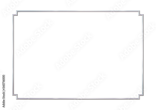 Rectangle realistic frame metal or silver with inverted corners. Slender on white background. Steel, photoframe template. For picture. Vector illustration.