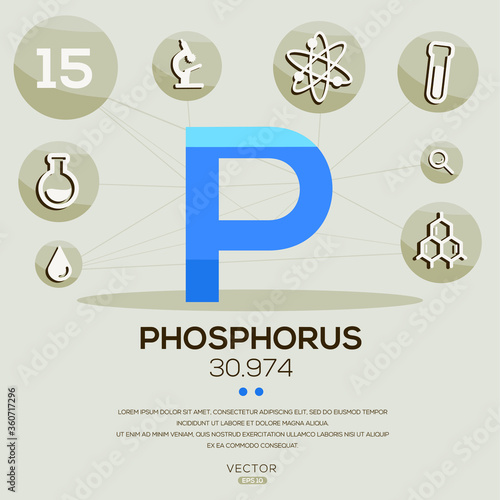 P (Phosphorus)The periodic table element,letters and icons,Vector illustration.