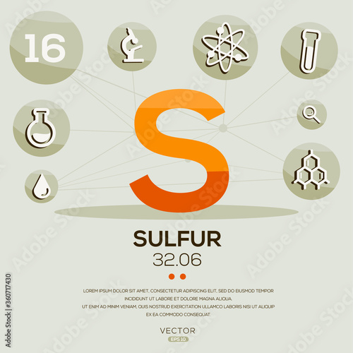 S (Sulfur)The periodic table element,letters and icons,Vector illustration.