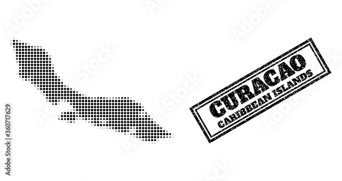Halftone map of Curacao Island, and rubber seal. Halftone map of Curacao Island designed with small black round pixels. Vector seal with unclean style, double framed rectangle, in black color.