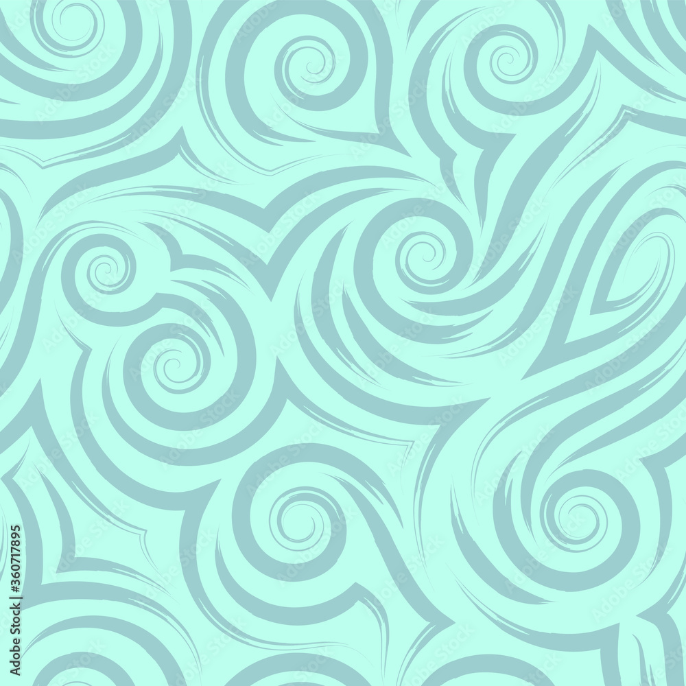 Vector turquoise seamless pattern of spirals and curls for decoration and printing on fabric on a blue background. Texture of swirl or sea waves for wrapping paper and clothes. Vector turquoise seamless pattern of spirals and curls for decoration and printing on fabric on a blue background. Texture of swirl or sea waves for wrapping paper and clothes.