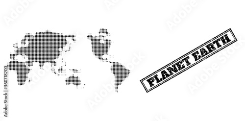Halftone map of Earth, and scratched seal stamp. Halftone map of Earth constructed with small black circle pixels. Vector seal with corroded style, double framed rectangle, in black color.