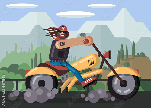 Brutal biker in bandana, leather jacket and dark glasses is riding powerful classic motorcycle along highway against background of mountain and forest landscape. Cartoon flat vector illustration