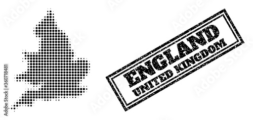Halftone map of England, and textured seal. Halftone map of England made with small black round points. Vector seal with corroded style, double framed rectangle, in black color.
