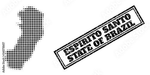 Halftone map of Espirito Santo State, and dirty seal. Halftone map of Espirito Santo State generated with small black round pixels. Vector watermark with retro style, double framed rectangle,